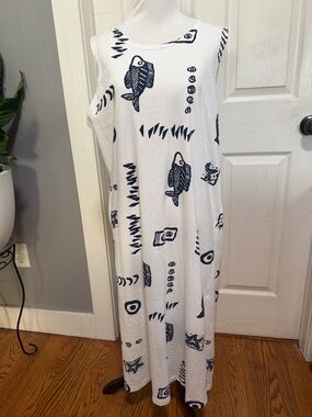 White Tank Dress with Navy Fish Print